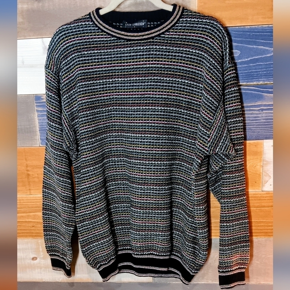 Enzo Lorenzo Vintage Men's Black Multicolor Crewneck Sweater L
